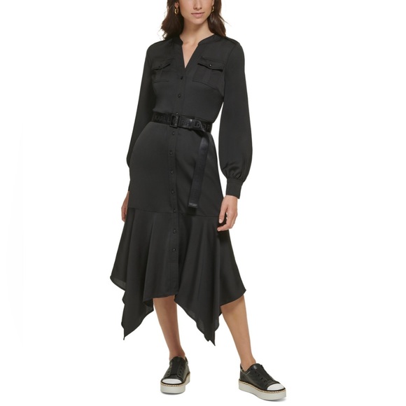 NWT Karl Lagerfeld Logo Belt Handkerchief Hem Midi Dress - Picture 1 of 12